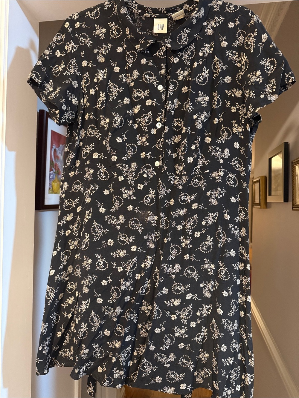 GAP Black Floral Button-Up Shirt Dress with White Print